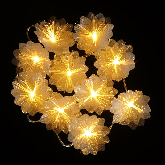 10 Battery Operated Warm White Flower Fibre Optic String Light