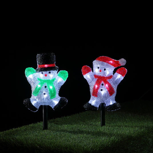 Set Of 2 Acrylic Snowmen Stakes - Battery Operated