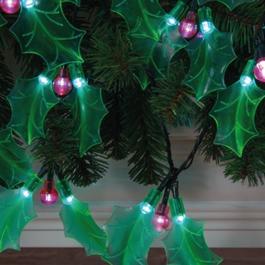 20 Battery Operated Holly Sprig String Lights With Green Cable