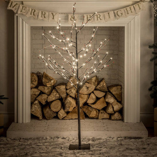 1.2m Warm White Snowy Twig Tree With Berries - 108 LEDs