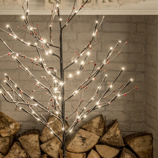 1.2m Warm White Snowy Twig Tree With Berries - 108 LEDs